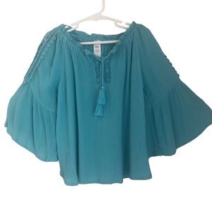 JUSTICE Store Teal Peasant Top Bell Sleeves Crochet Tasseles BOHO